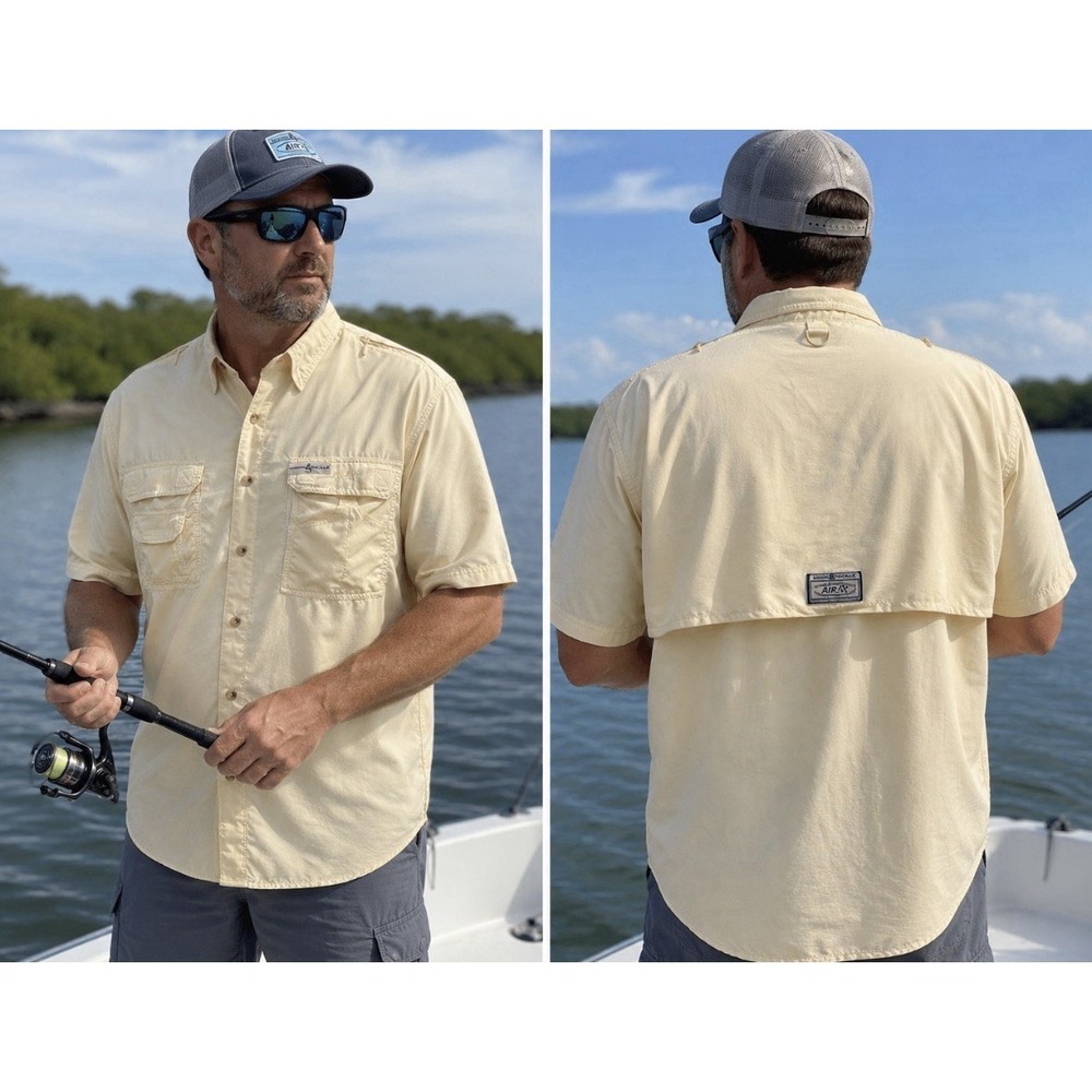 HOOK & TACKLE Men's Large Yellow Short Sleeve Fishing Shirt Vented  50 UV protec